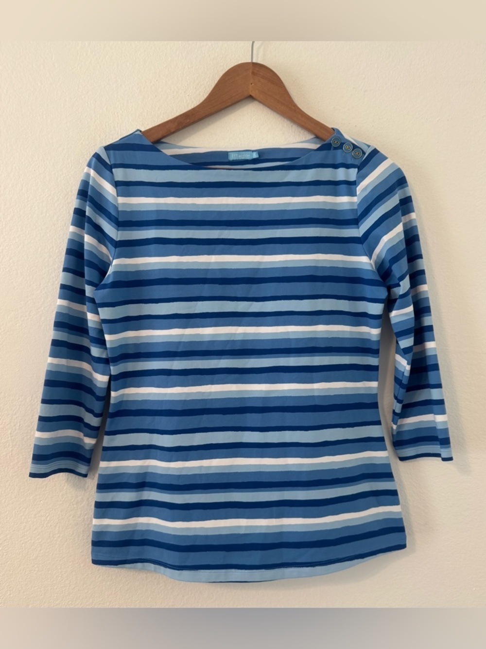 J. McLaughlin Wavesong Tee Blue White Stripe Catalina Cloth Boatneck Coastal Sm